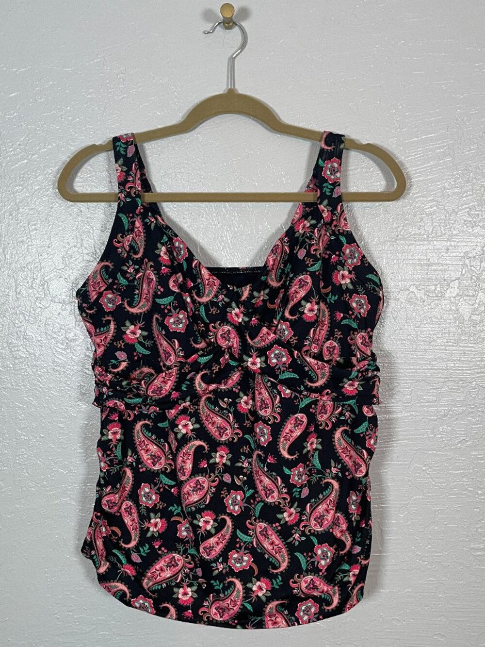Lands End Women Plus Size 16W Black Pink Green Paisley Tankini Swim Underwire